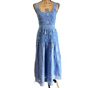 Iconique Blue Floral Embroidered Lace Cotton Midi Flared Dress SZ XL Italy